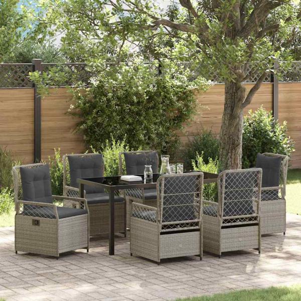 ARDEBO.de - 7-teiliges Garten-Esstisch-Set Hellgrau Poly-Rattan