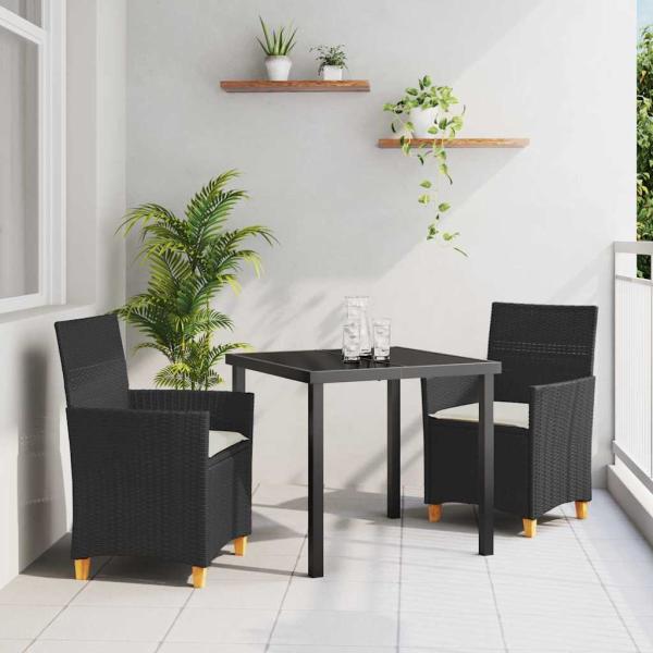 ARDEBO.de - 3-teiliges Garten-Ess-Set mit Kissen Schwarz Poly-Rattan