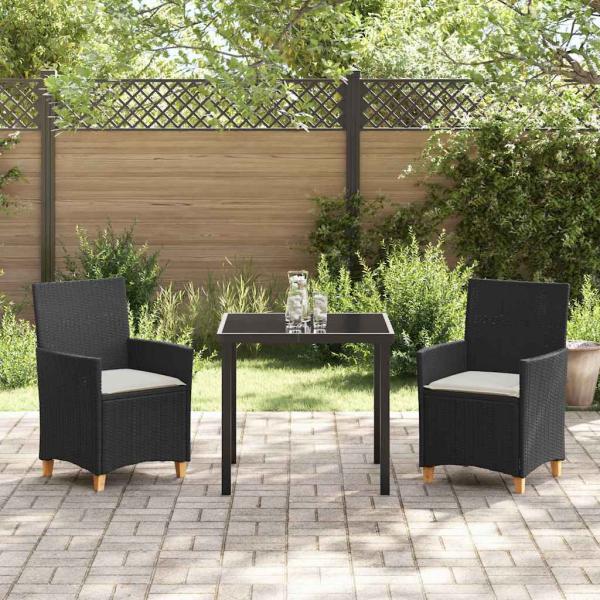 3-teiliges Garten-Ess-Set mit Kissen Schwarz Poly-Rattan