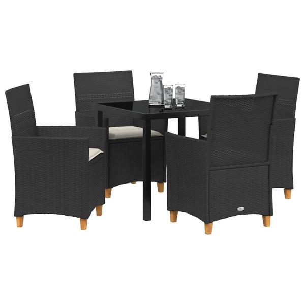 5 Teile Garten-Dining-Set mit Kissen Schwarz Poly-Rattan