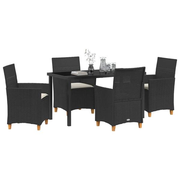 5-teiliges Garten-Esszimmer-Set mit Kissen Schwarz Poly-Rattan