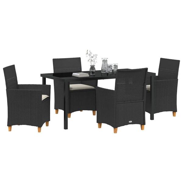 5-teiliges Garten-Ess-Set mit Kissen Schwarz Poly Rattan