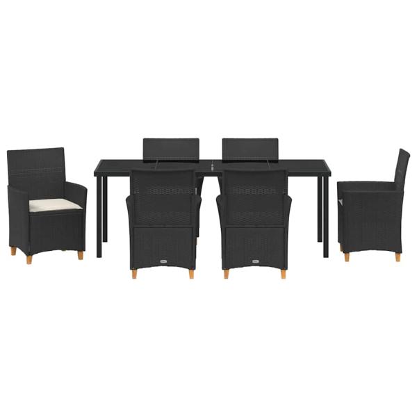 7-teiliges Garten-Dining-Set mit Kissen - Schwarzes Poly-Rattan