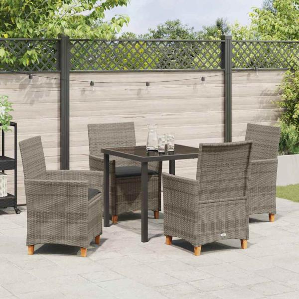 5-teiliges Garten-Essset mit Kissen Grau Poly Rattan
