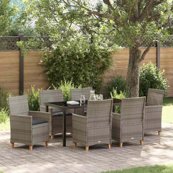 ARDEBO.de - 7-teiliges Garten-Ess-Set mit Kissen Grau Poly-Rattan