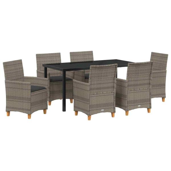 7-teiliges Garten-Ess-Set mit Kissen Grau Poly-Rattan