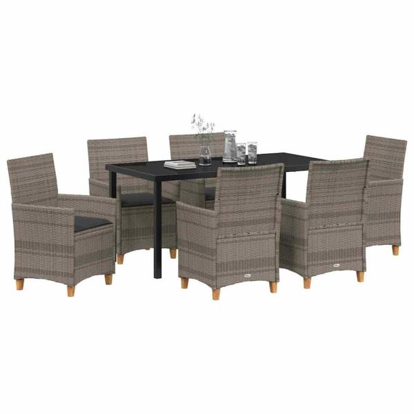 7-teiliges Garten-Ess-Set mit Kissen Grau Poly-Rattan