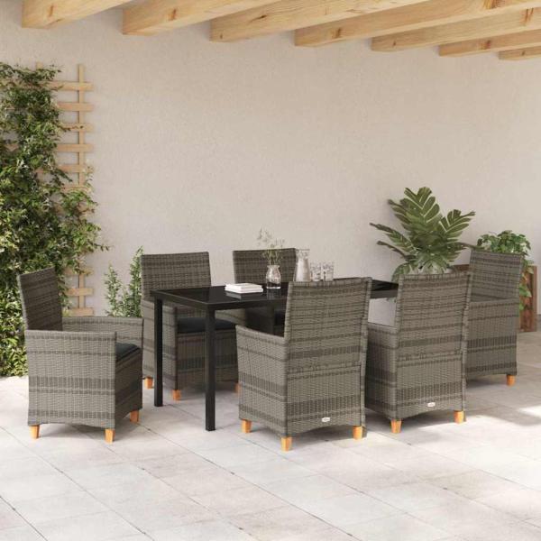 7-teiliges Garten-Ess-Set mit Kissen Grau Poly-Rattan