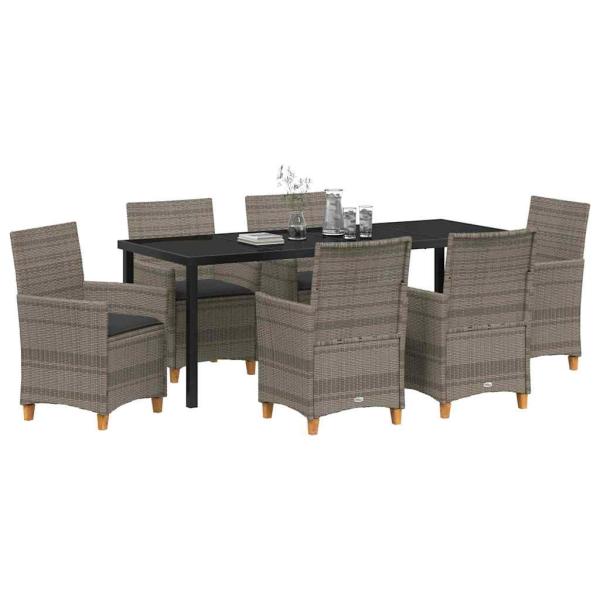 7-teiliges Garten-Ess-Set mit Kissen Grau Poly-Rattan