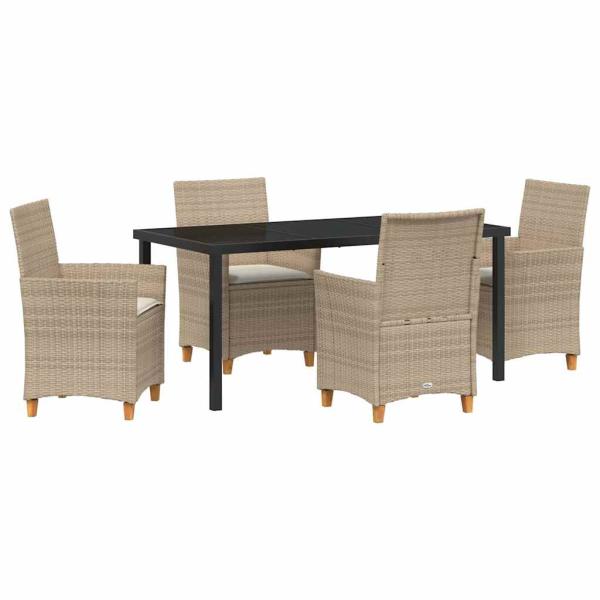 5-teiliges Garten-Ess-Set mit Kissen Beige Poly-Rattan