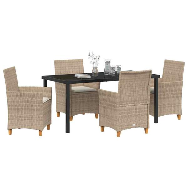 5-teiliges Garten-Ess-Set mit Kissen Beige Poly-Rattan