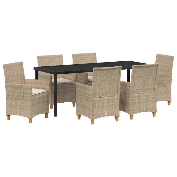ARDEBO.de - 7-teiliges Garten-Ess-Set mit Kissen Beige Poly Rattan
