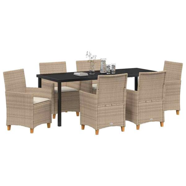 7-teiliges Garten-Ess-Set mit Kissen Beige Poly Rattan