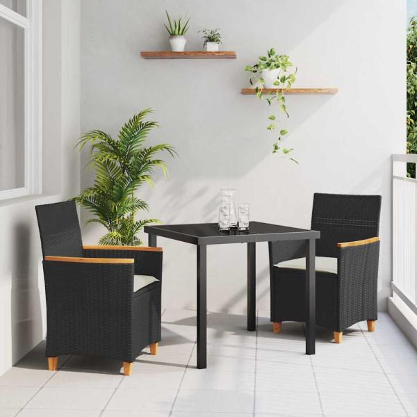 ARDEBO.de - 3-teiliges Garten Essenset mit Kissen Schwarz Poly-Rattan