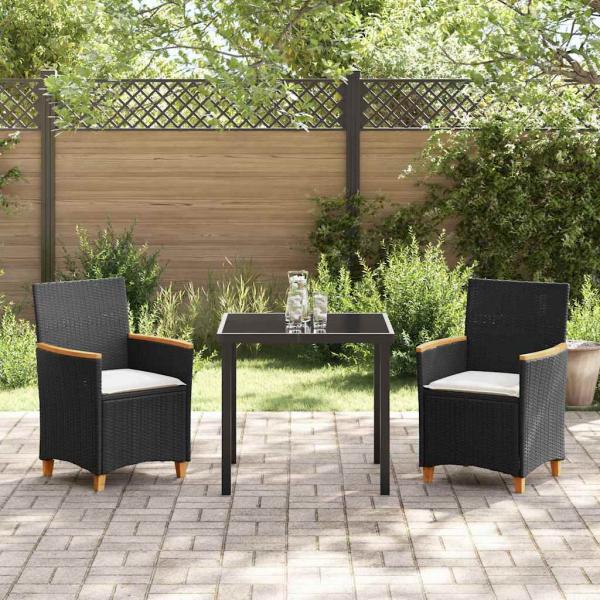 3-teiliges Garten Essenset mit Kissen Schwarz Poly-Rattan