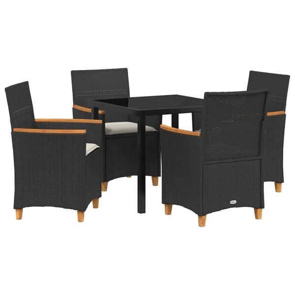 5-teiliges Garten-Ess-Set mit Kissen, Schwarz Poly Rattan
