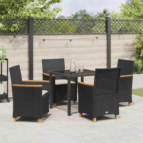 5-teiliges Garten-Ess-Set mit Kissen, Schwarz Poly Rattan
