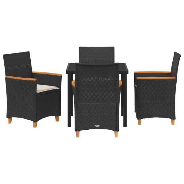 5-teiliges Garten-Ess-Set mit Kissen, Schwarz Poly Rattan