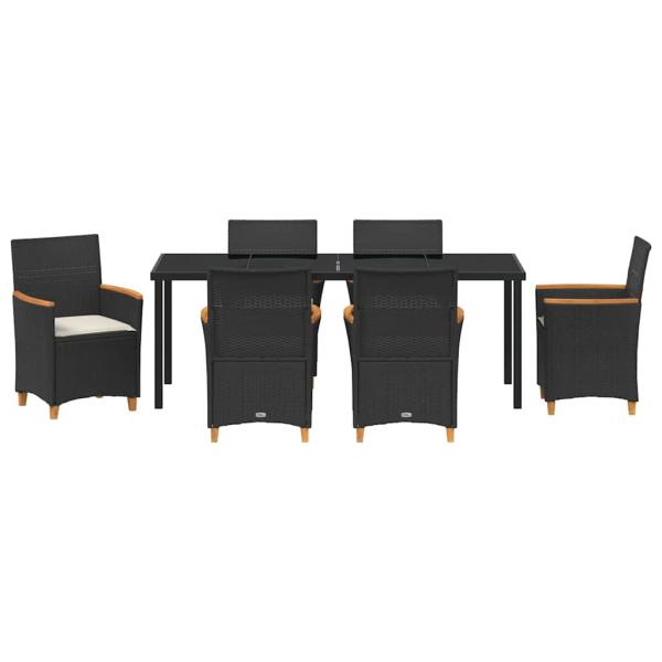 7-teiliges Garten-Ess-Set mit Kissen Schwarz Poly-Rattan