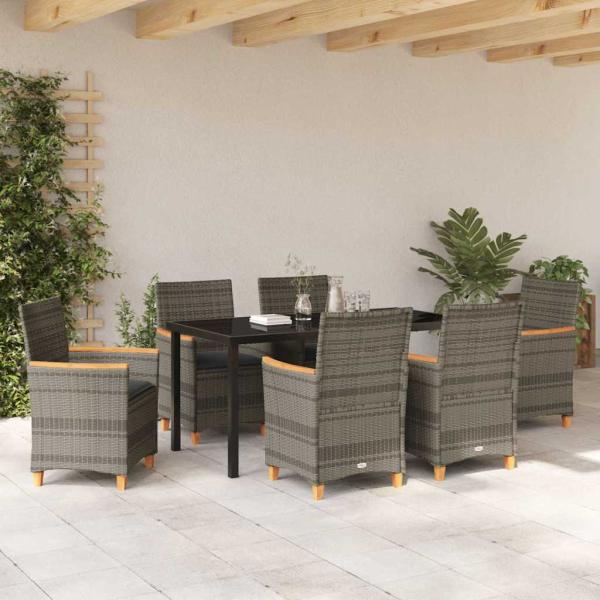 7-teiliges Garten-Essgruppe mit Kissen Grau Poly Rattan