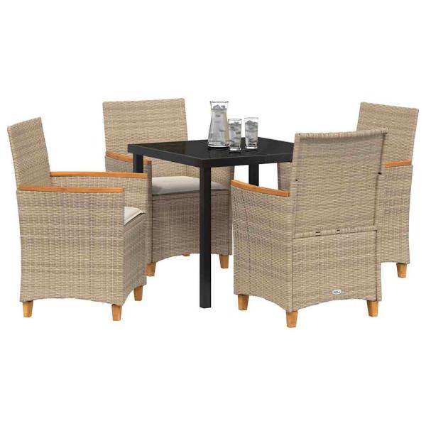 5-teiliges Garten-Ess-Set mit Kissen Beige Poly-Rattan