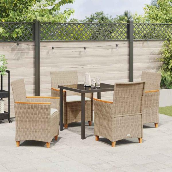 5-teiliges Garten-Ess-Set mit Kissen Beige Poly-Rattan