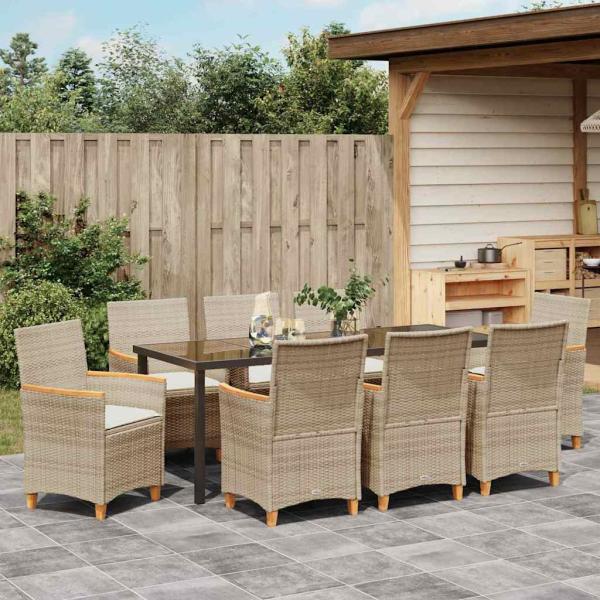 9-teiliges Garten-Essstuhl-Set mit Kissen Beige Poly Rattan