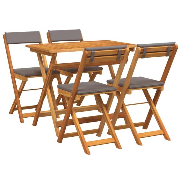 5-teiliges faltbares Bistro Set mit Kissen aus solidem Akazienholz