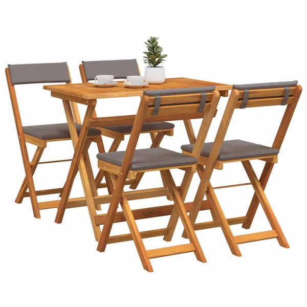 5-teiliges faltbares Bistro Set mit Kissen aus solidem Akazienholz