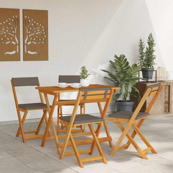 5-teiliges faltbares Bistro Set mit Kissen aus solidem Akazienholz