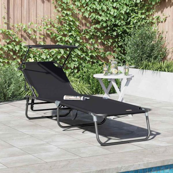 ARDEBO.de - Faltbare Sonnenliege mit Sonnendach Schwarz 600D Oxford-Gewebe