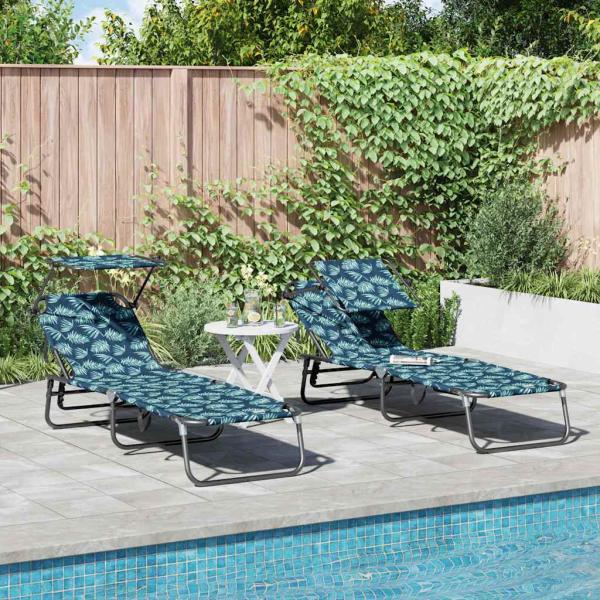 ARDEBO.de - Klappbare Sonnenliegen 2 Stk mit Sonnenschutz Blattmuster 600D Oxford Stoff