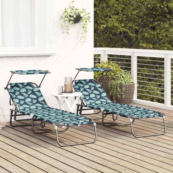 Klappbare Sonnenliegen 2 Stk mit Sonnenschutz Blattmuster 600D Oxford Stoff
