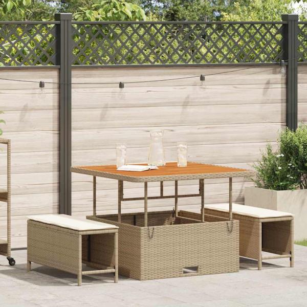 ARDEBO.de - 3-teiliges Garten-Esstischset mit Kissen in Beige, Poly-Rattan, Akazie