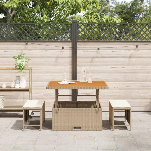3-teiliges Garten-Esstischset mit Kissen in Beige, Poly-Rattan, Akazie