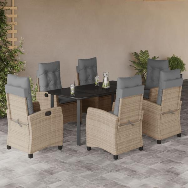 ARDEBO.de - 7-tlg. Garten-Essgruppe mit Kissen Beigemischung Poly Rattan