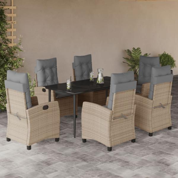 ARDEBO.de - 7-tlg. Garten-Essgruppe mit Kissen Beigemischung Poly Rattan