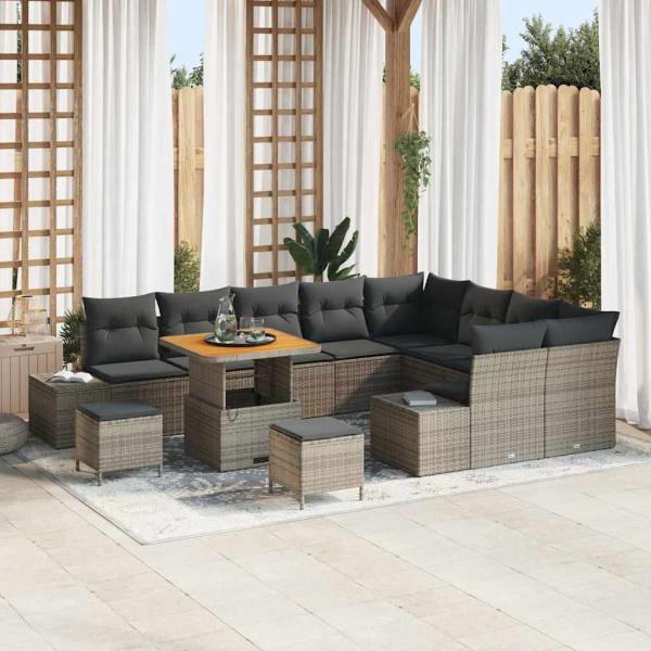 ARDEBO.de - 12-teiliges Garten Sofa Set mit Kissen Grau Poly Rattan Akazie, 3-teiliges Garten Essset mit Kissen Grau Poly Rattan Akazie, 2-Sitzer Garten Sofa mit Kissen Grau Poly Rattan