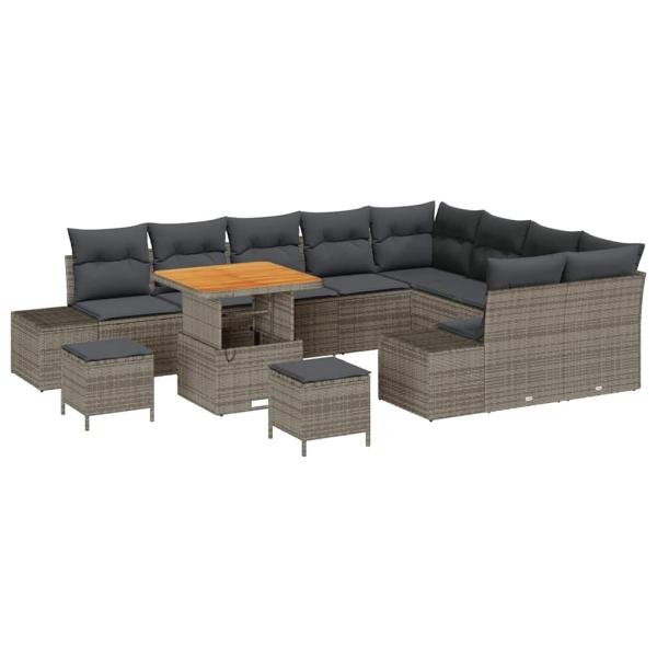 12-teiliges Garten Sofa Set mit Kissen Grau Poly Rattan Akazie, 3-teiliges Garten Essset mit Kissen Grau Poly Rattan Akazie, 2-Sitzer Garten Sofa mit Kissen Grau Poly Rattan