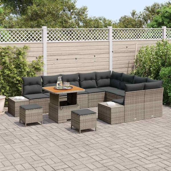 12-teiliges Garten Sofa Set mit Kissen Grau Poly Rattan Akazie, 3-teiliges Garten Essset mit Kissen Grau Poly Rattan Akazie, 2-Sitzer Garten Sofa mit Kissen Grau Poly Rattan