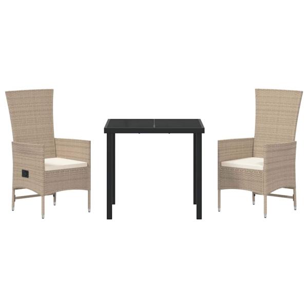 3-teiliges Garten-Esszimmer-Set mit Kissen Beige Poly Rattan