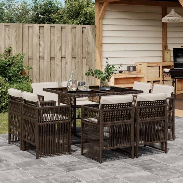 ARDEBO.de - 9-tlg. Garten-Essgruppe mit Kissen Braun Poly Rattan