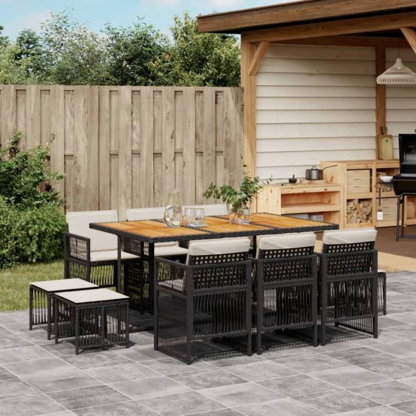 ARDEBO.de - 11-tlg. Garten-Essgruppe mit Kissen Schwarz Poly Rattan