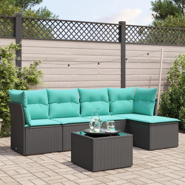 ARDEBO.de - 6-tlg. Garten-Sofagarnitur mit Kissen Schwarz Poly Rattan