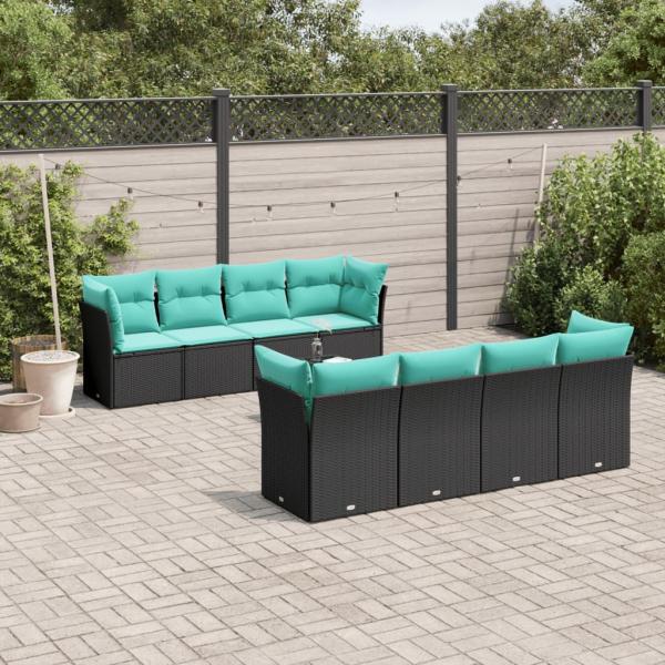 ARDEBO.de - 9-tlg. Garten-Sofagarnitur mit Kissen Schwarz Poly Rattan
