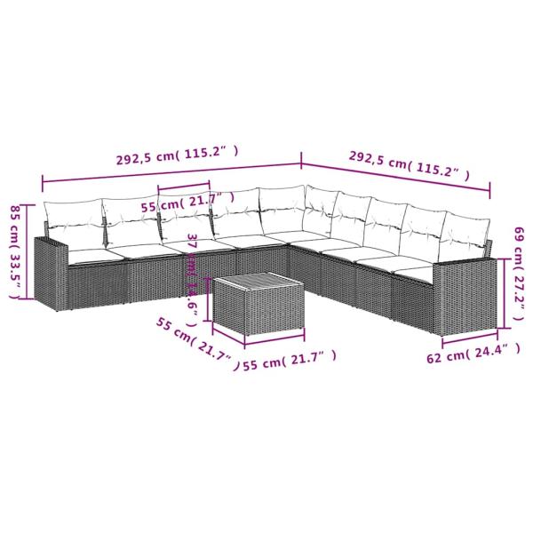 10-tlg. Garten-Sofagarnitur mit Kissen Grau Poly Rattan