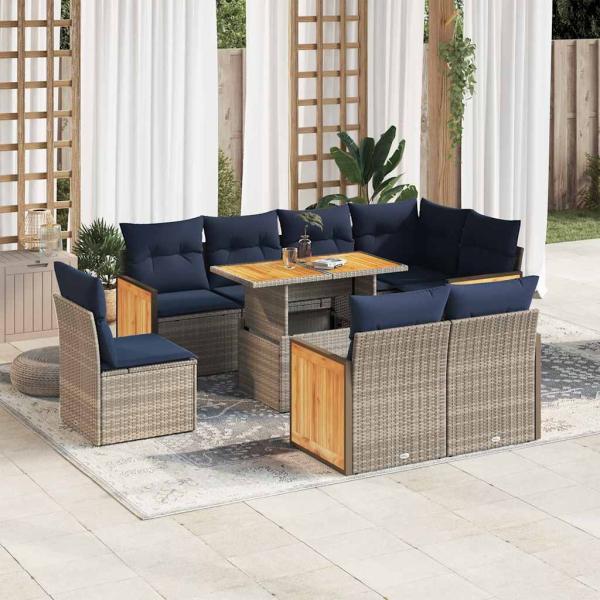 ARDEBO.de - 9-tlg. Garten-Sofagarnitur mit Kissen Grau Poly Rattan Akazie