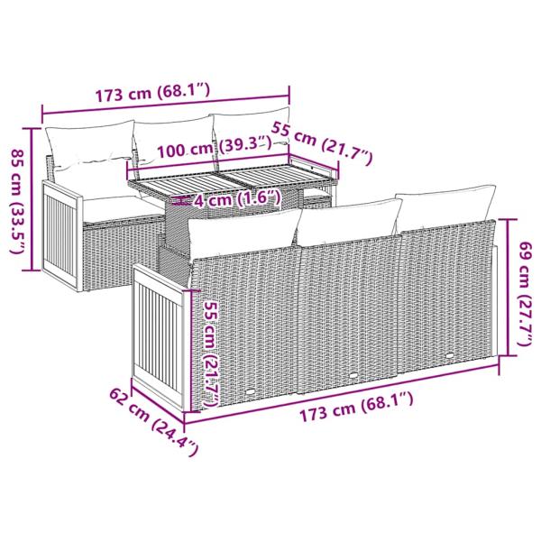 7-tlg. Garten-Sofagarnitur mit Kissen Grau Poly Rattan Akazie