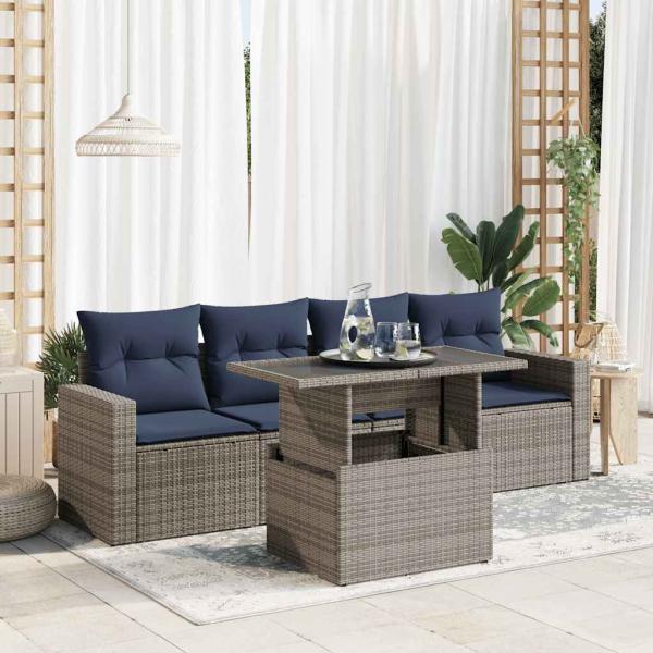 ARDEBO.de - 5-tlg. Garten-Sofagarnitur mit Kissen Grau Poly Rattan Akazie