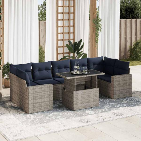 ARDEBO.de - 8-tlg. Garten-Sofagarnitur mit Kissen Grau Poly Rattan Akazie
